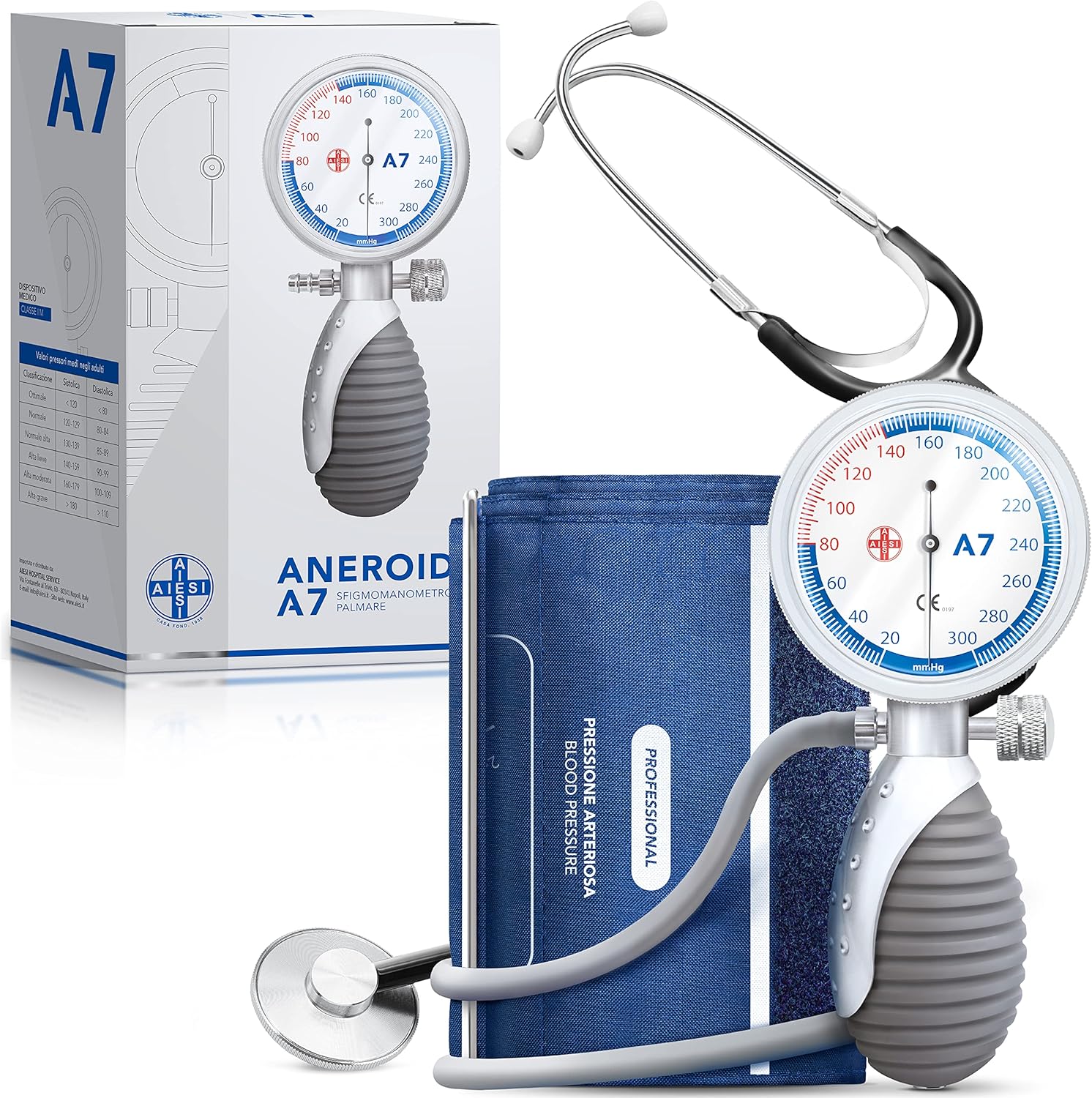 AIESI Blood Pressure Monitor Manual Professional Aneroid Upper Arm Handheld Adult with Stethoscopes ANEROID A7, Adjustable Handle