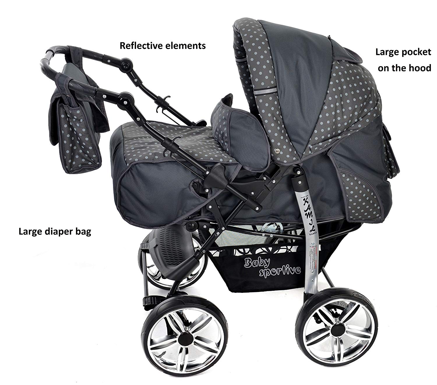 Baby Sportive B0095WKPIG Schwarz-weiße Blumen Kamil, Kombikinderwagen set - incl. Kinderwagen 3 in 1 mit Zubehör, Babyschale und Sportwagen Aufsatz. System mit RÄDER NICHT SCHWENKBAR