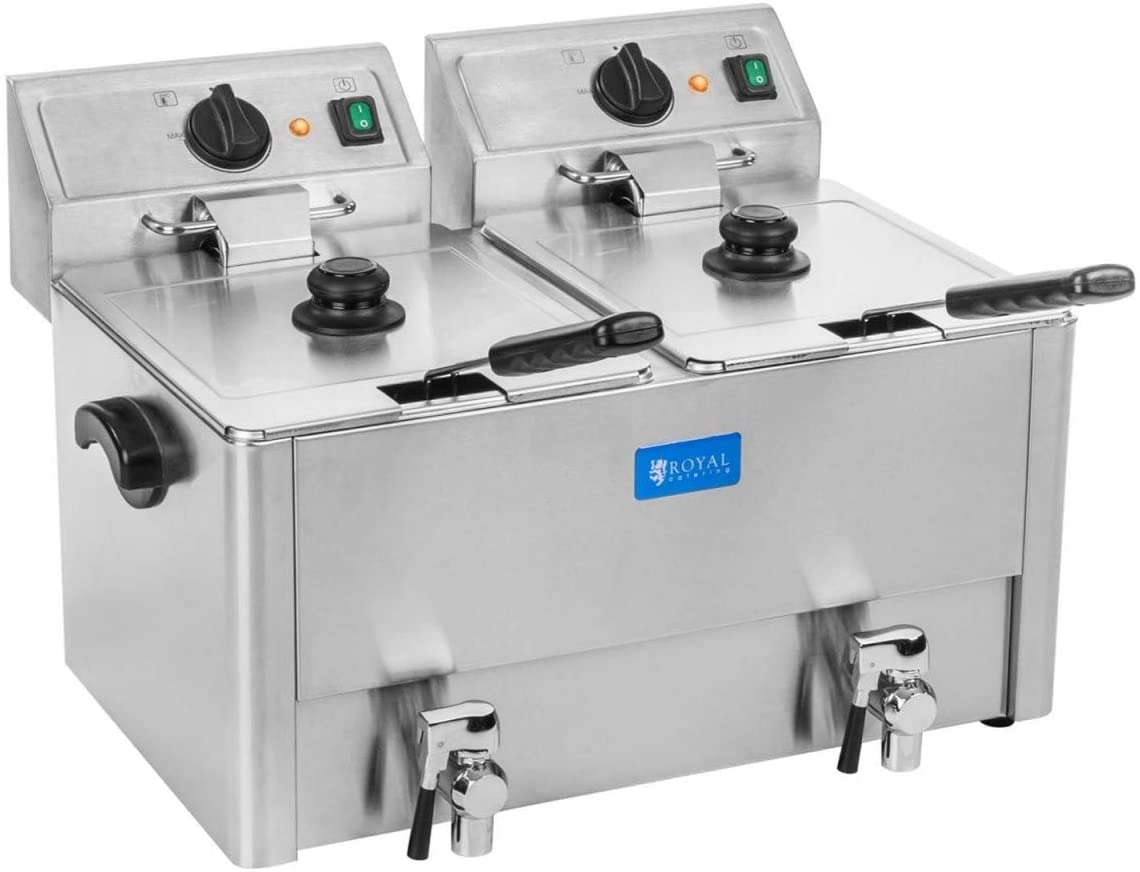 Royal Catering Rcef 13D Ego Double Fryer Fryer Stainless Steel (Includes 2 x 13, 2x 3250 Watt 230 V Recessed – Ego Thermostat, Drain Tap 2 x Basket with Lid)