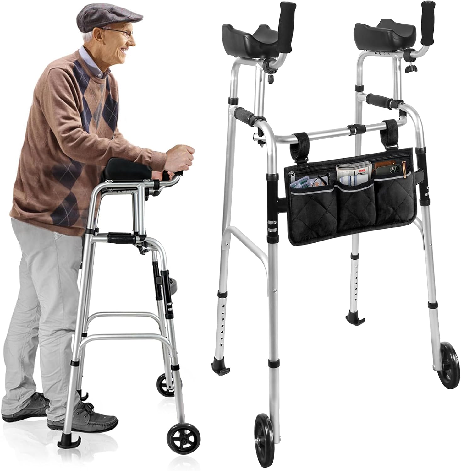 Walking Aid for Seniors, Height-Adjustable Walker for Seniors with Armrest, Upright Rollator with Ball Bearing Wheels, Walking Aid with Bag, Comfortable PU Padding, Folding Walking Frame with Wheels