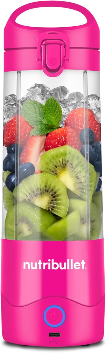 nutribullet Portable NBP003BP Portable Blender with 475ml Thermal Mug, 4-Tooth Blade, Tritan Cup, 15 Autonomy Cycles, Lid and Straw, USB-C Charge, Pink