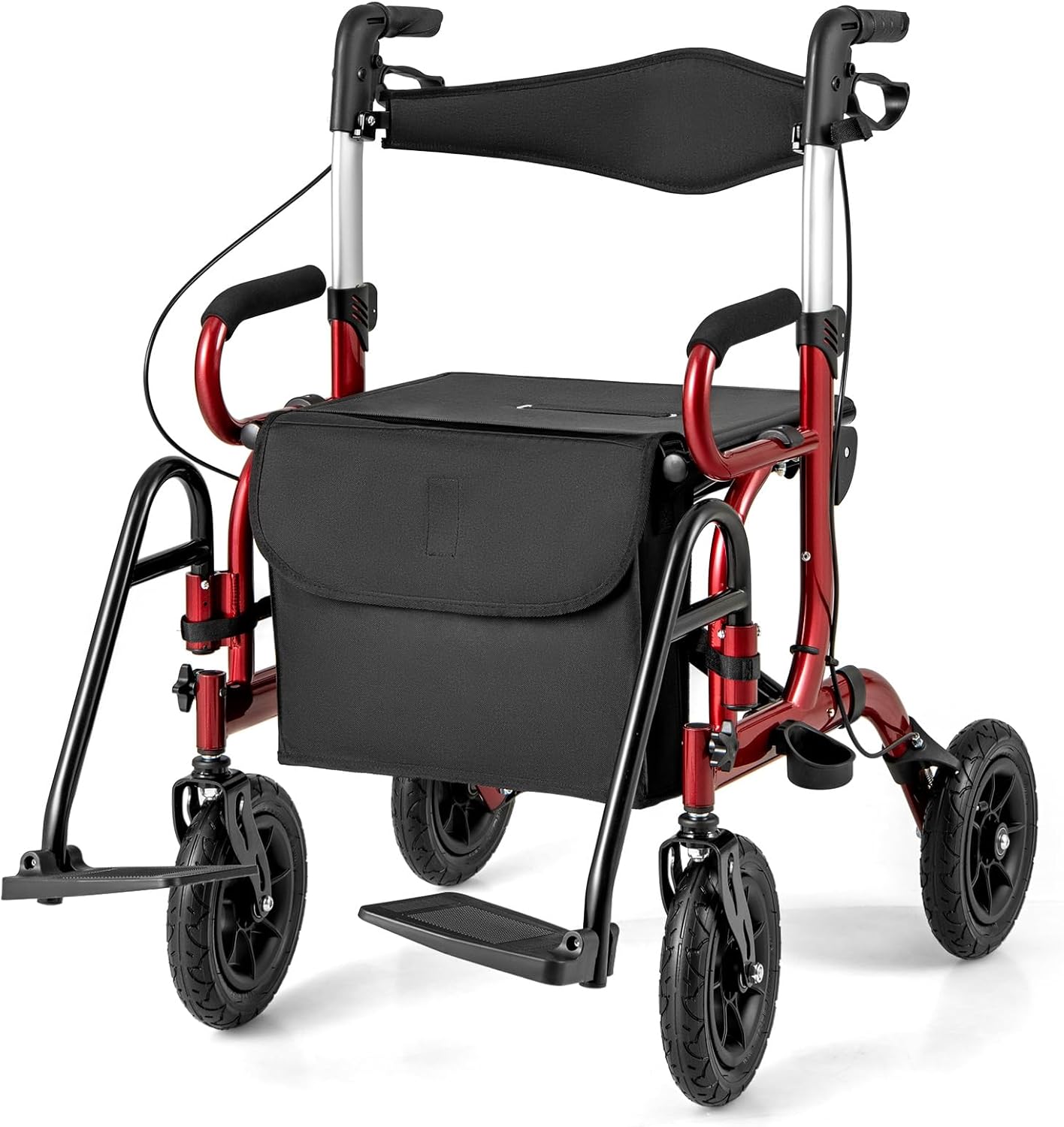 RELAX4LIFE Rollator Foldable and Lightweight with Seat, Aluminum Wheelchair Travel Rollator, 6-Way Height Adjustable, Walking Aid with Stick Holder Bag, Walking Aid with 23 cm Tires for All Terrain