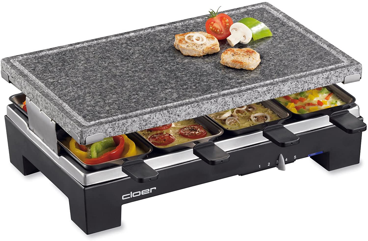 Cloer 6420 Raclette Grill with Natural Stone / 1300 W / 8 Large Frying Pans Non-Stick Coating with Insulated Handles