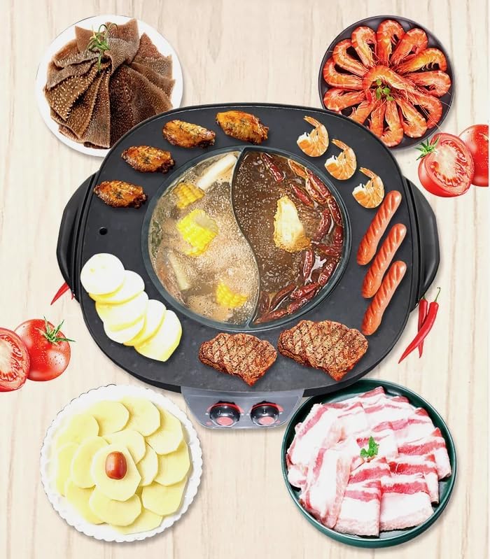 Wiyuer Hot Pot with Grill 2-in-1 Multifunctional Electric Teppanyaki Grill Dual Temperature Control Smokeless Hot Pot Grill 4000 W 42 cm Diameter