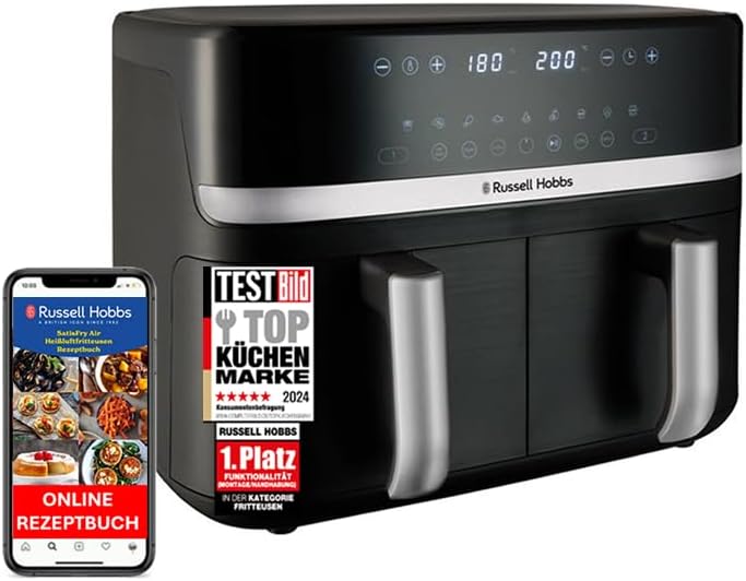 Russell Hobbs SatisFry 27681-56 Hot Air Fryer 2 Chambers 9 L Rapid AirFryer [2 Compartments 4.5 Liters Each Very Quiet Operation, 9 Programs] SatisFry Fryer (Dishwasher Safe, Match & Sync Function)