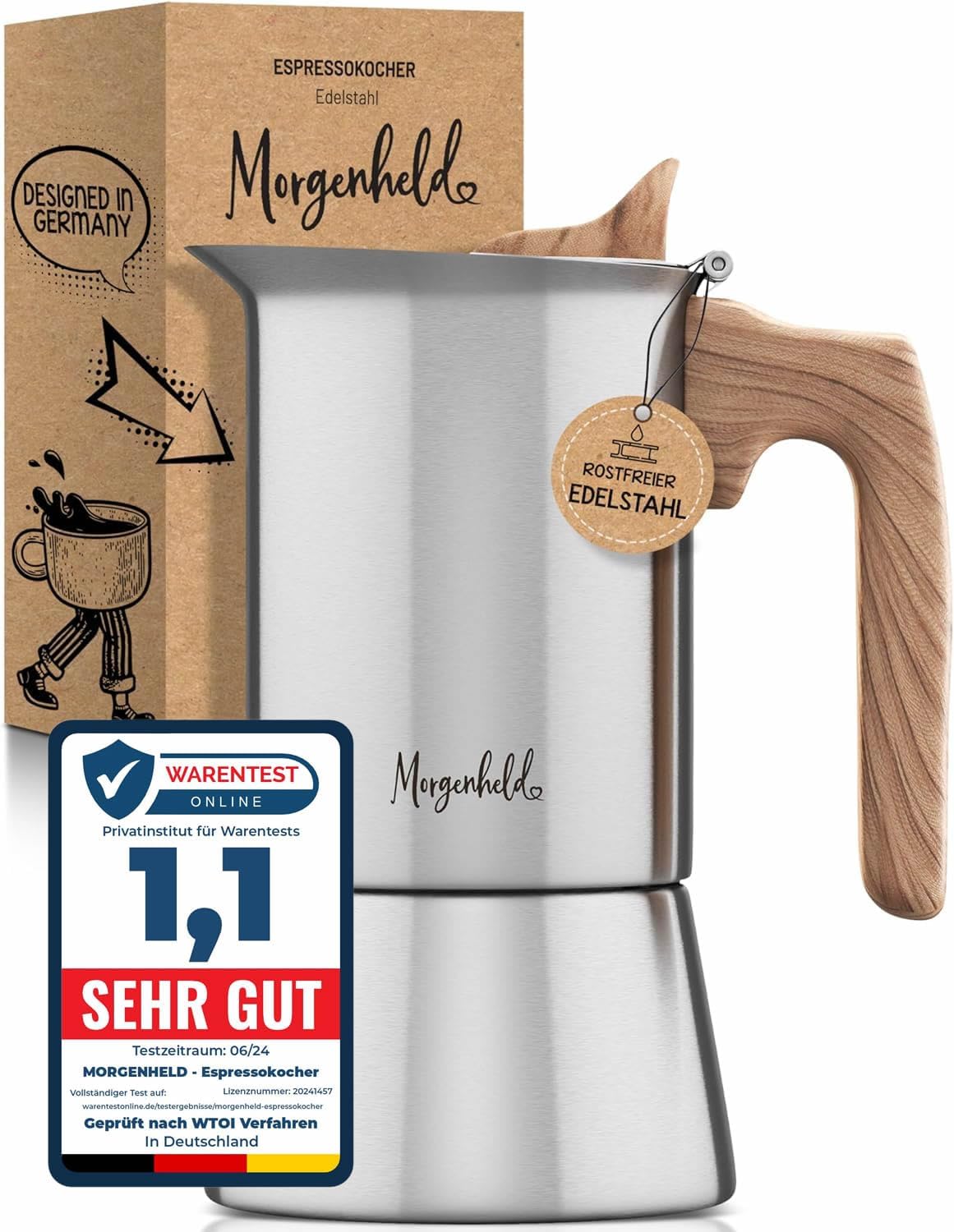 Morgenheld Espresso Maker for 6 Cups [300 ml] Made of Rustproof Stainless Steel - Mocha Pot, Espresso Jug Suitable for All Hob Types - Dishwasher Safe