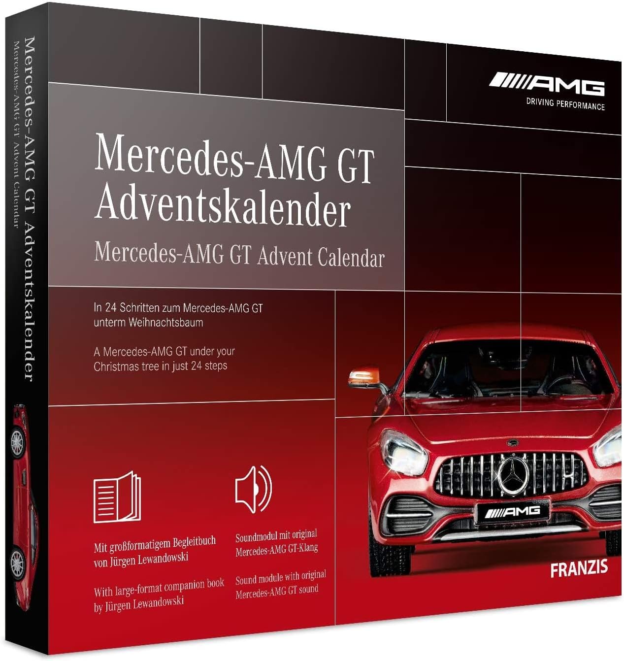 FRANZIS 67103 Mercedes-AMG GT Advent Calendar, Metal Model Kit in Scale 1:43, Includes Sound Module and 52-Page Accompaniment Book