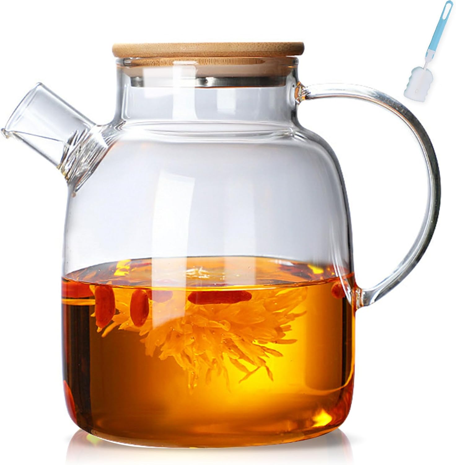 Teapot with strainer insert, 1800 ml glass teapot with wooden lid, heat-resistant high borosilicate teapot with removable filter, modern and elegant teapot design for tea, flower tea and juice