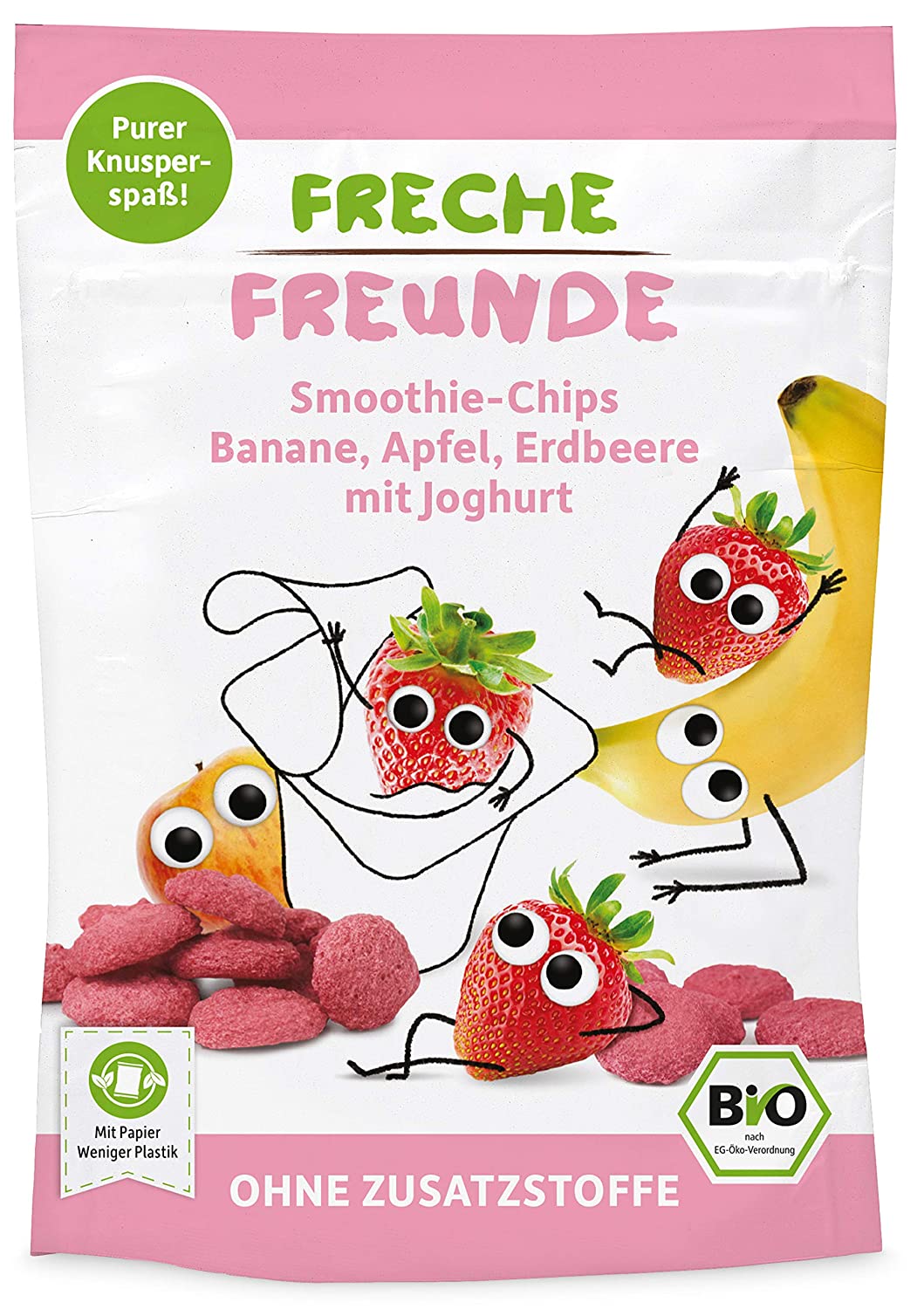 FRECHE FREUNDE Bio Smoothie-Chips Banane, Apfel, Erdbeere mit Joghurt, gefriergetrocknete Obst Chips, ohne Zuckerzusatz, glutenfrei, 12er Pack (12 x 16g)