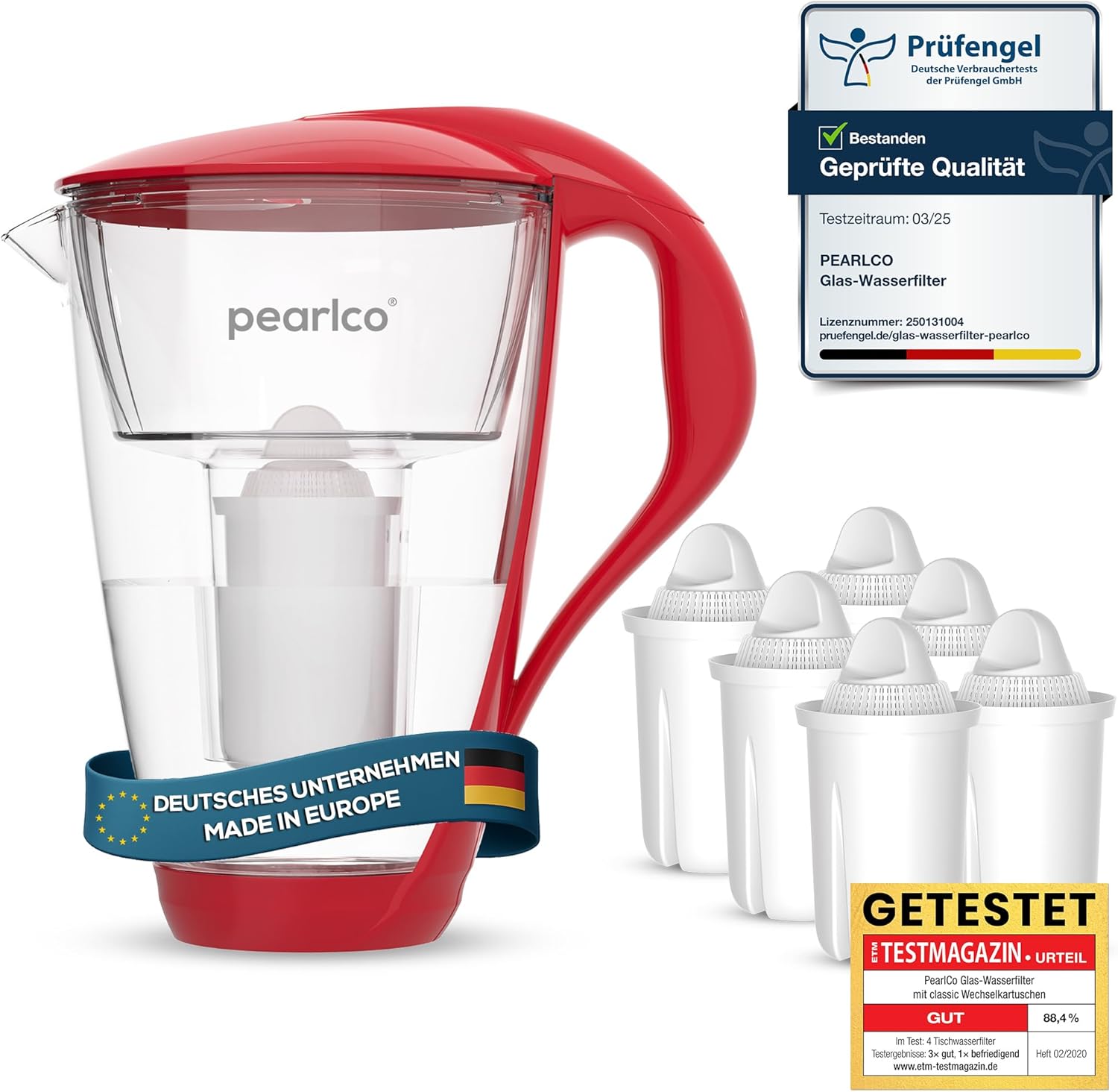 PearlCo Glass Water Filter (Red) Glass Jug with 6 Classic Filter Cartridges - Reduces Limescale & Heavy Metal - Protects Devices - Better Taste of Coffee & Tea - Made in EU