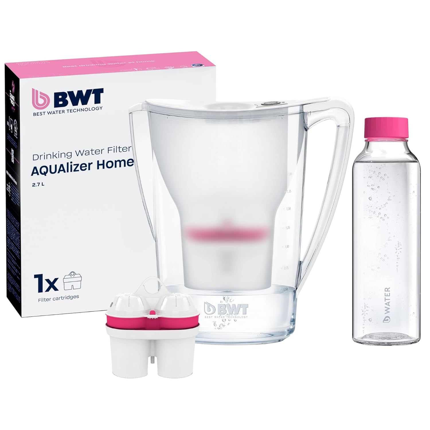 BWT Aqualizer Home Water Filter White | Includes Free Glass Bottle | Includes 1 Magnesium Filter Cartridge | Water Filter Drinking Water | For Food & Drinks | Filters Limescale, Chlorine, Lead