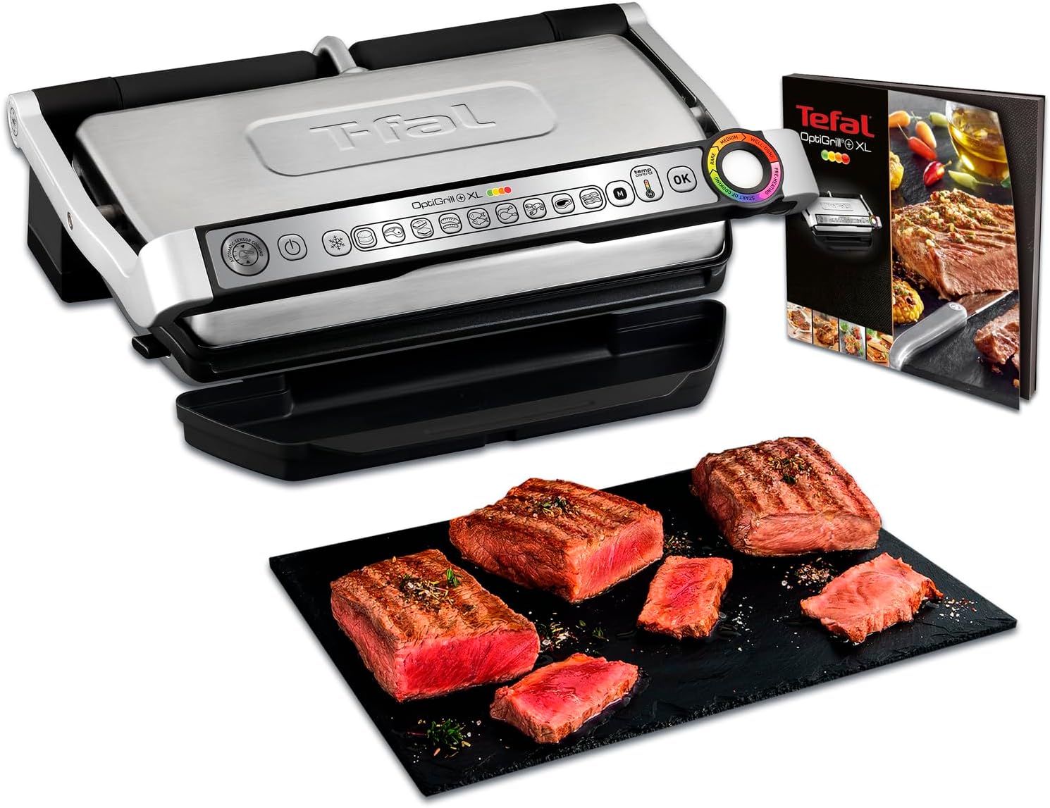 Tefal Store Tefal OptiGrill XL GC722D contact grill (with XL grill surface, plus model with additional temperature settings, 2,000 watts, automatic display of the cooking state, 9 pre-set programs) black / silver