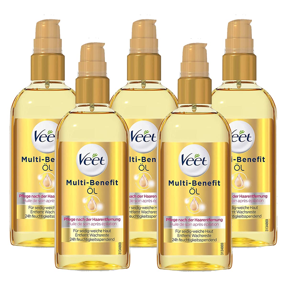 Veet Multi Benefit Oil for Silky Soft Skin for Use on the Body Face Developed 24h Moisturising Transparent 5 x 100 ml