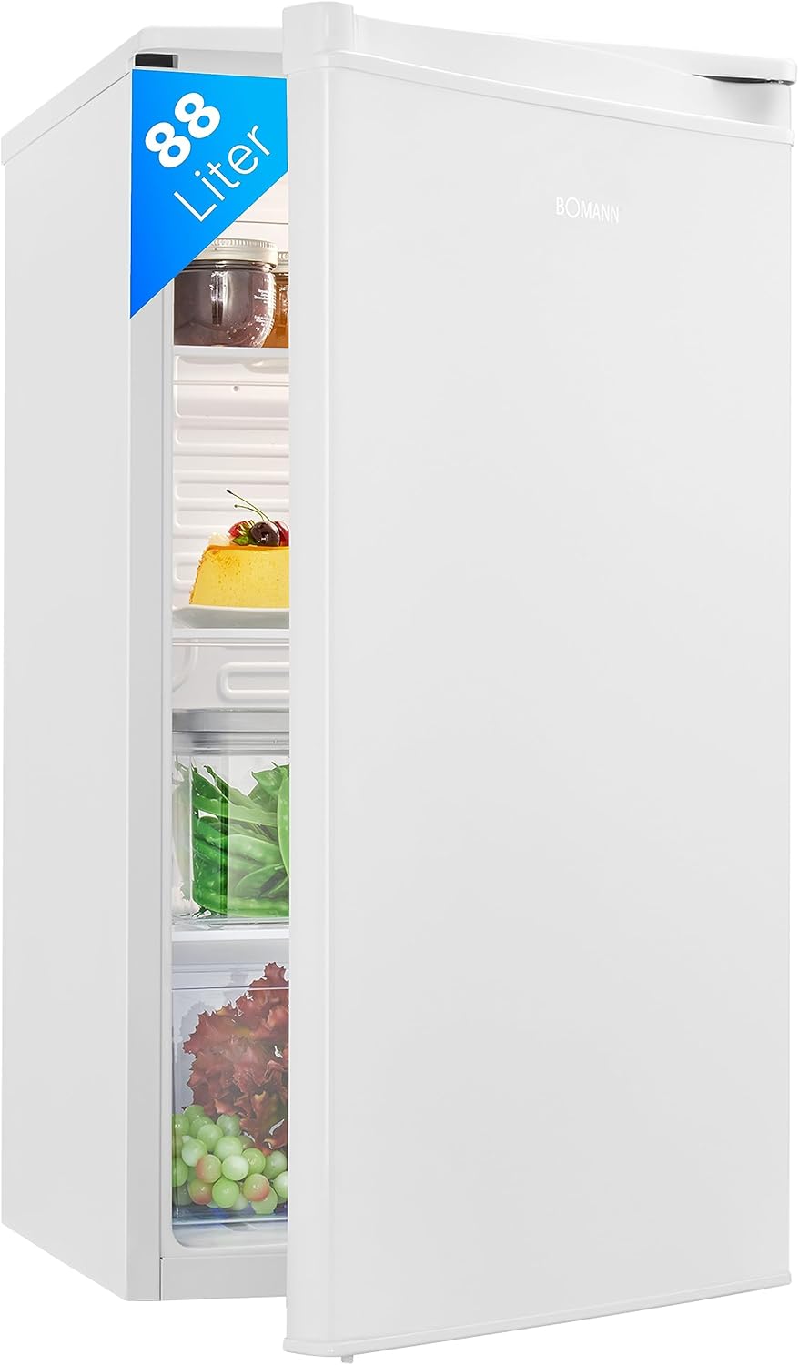Bomann Fridge without Freezer, 88 L Net Capacity and 3 Glass Shelves, Small Fridge with Vegetable Compartment, Quiet, Interchangeable Door Hinge, Fridge Freestanding with LED Lighting, VS 7350