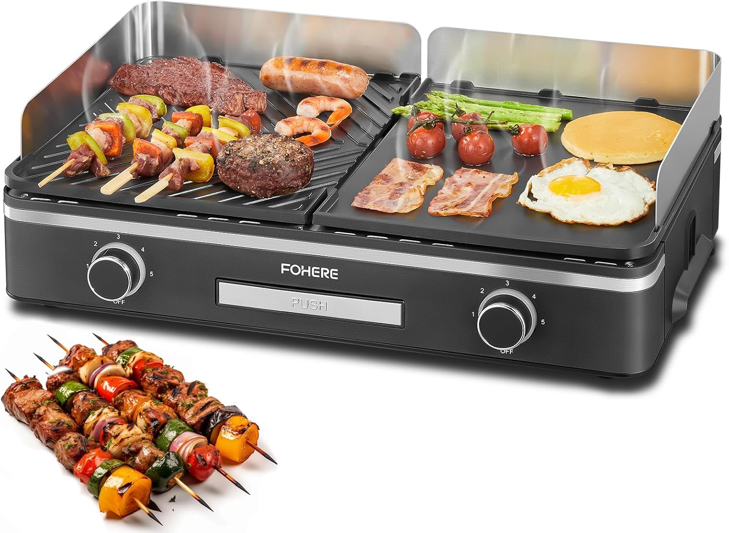 FOHERE Electric Grill 2400 W Table Grill with 2 Separately Adjustable Grill Plates (Smooth & Grooved), Duo Grill System, 5-Level Temperature Control (Silver)