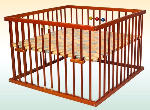 Kidsmax Kids Max Play Pen David Teak 100x100 Brown Lacquer with Toy Balls, Cushion Base, Removable Bars, Adjustable Height and Wheels