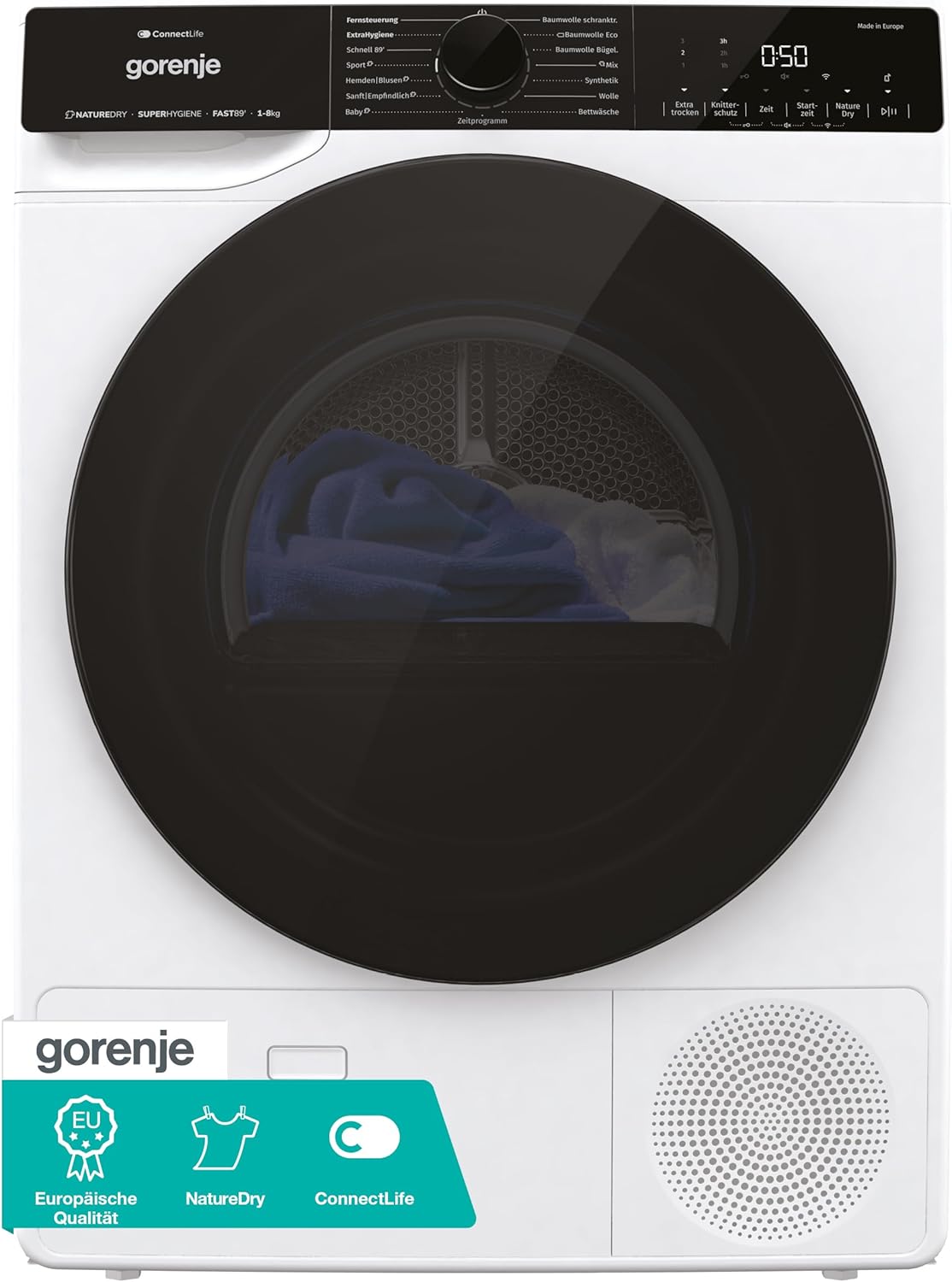Gorenje DPNA83W Heat Pump Dryer, 8 kg Capacity, 15 Programmes, ConnectLife WiFi, Auto Drain, Made in the EU, Nature Dry, Twin Air, Sports Programme, Quick Program, Energy Class A+++