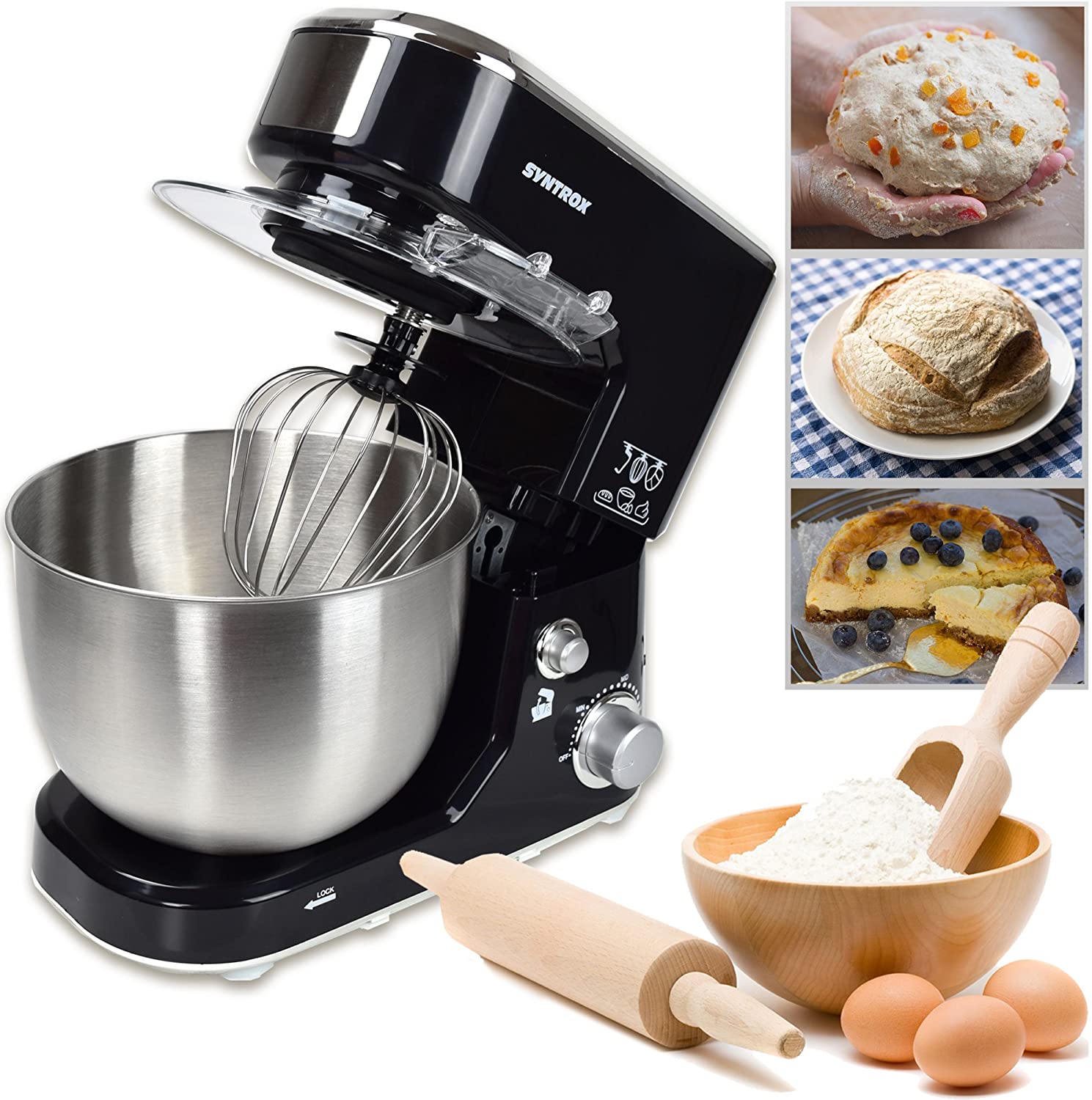Syntrox Germany KM 1000 W Food Processor Kneading Machine Mixer Stainless Steel Storage Canister 5 Litres, Black