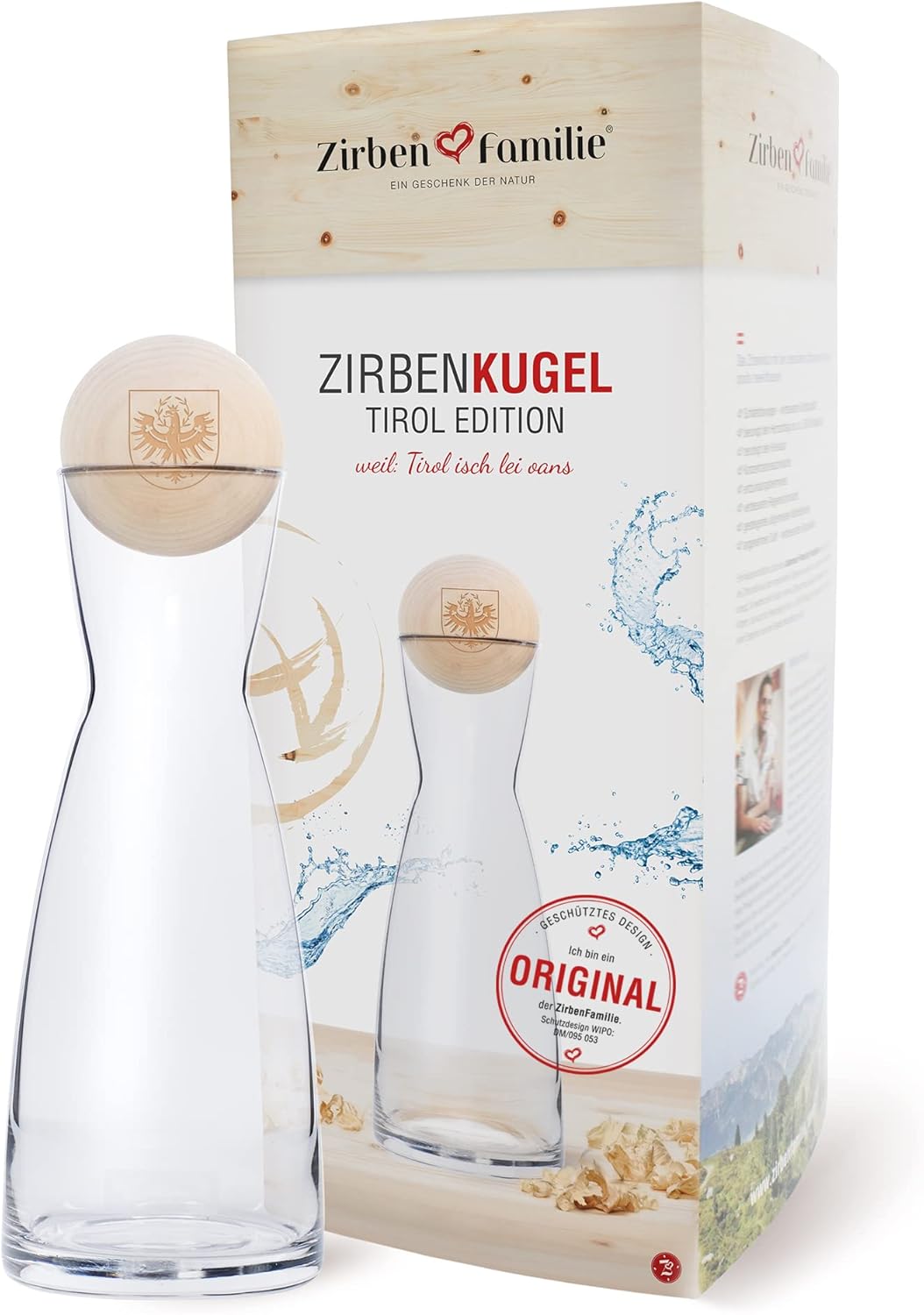 Zirben Familie - Known From the Specialist Trade and the Hotel Industry, 1 Liter Water Carafe, Pine Ball Engraving \'Tyrolean Adler\', Wooden Ball Made of Fine Pine Wood