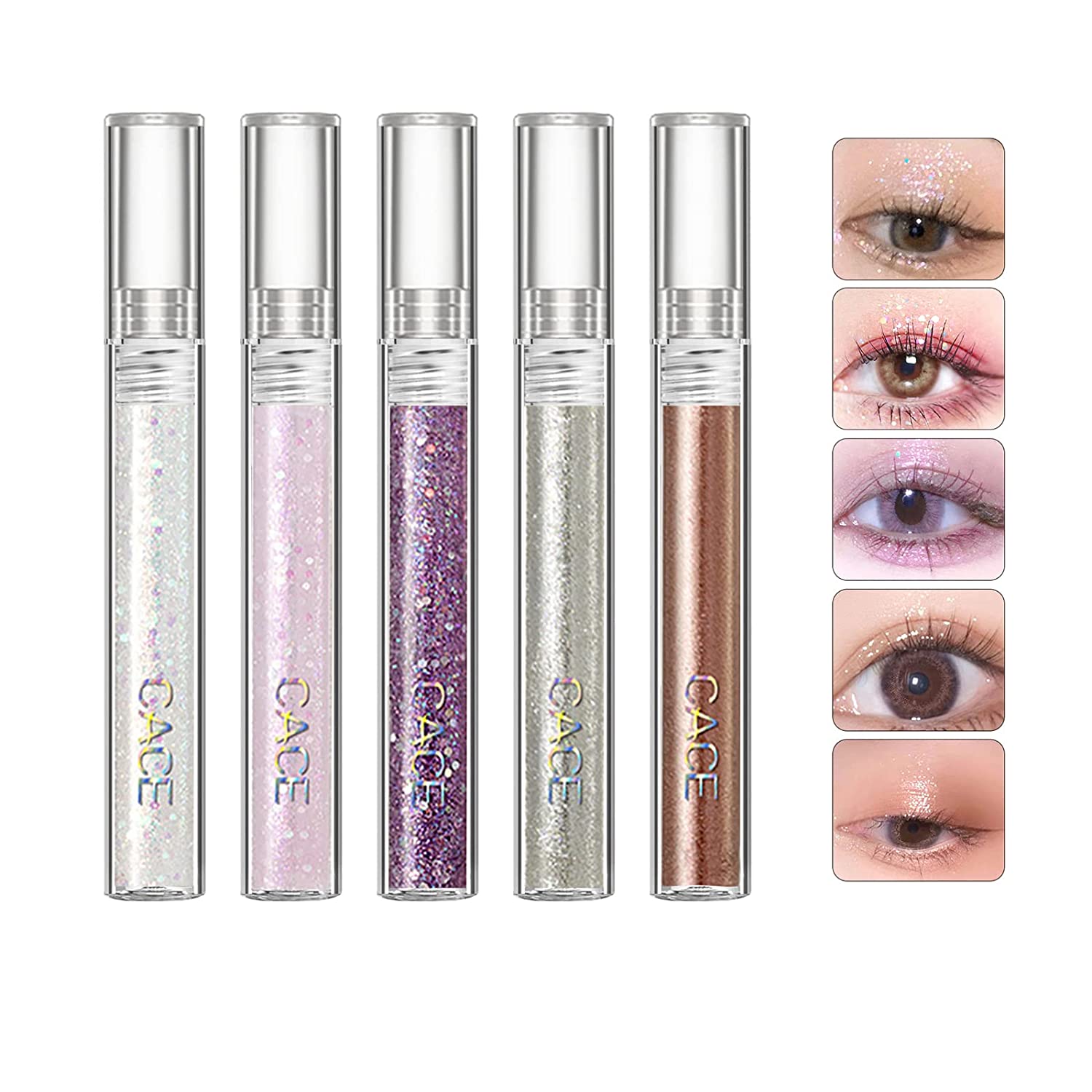 KUIRUNRX Liquid Glitter Eyeshadow Set, Diamond Shimmer Eyeshadow, Glitter Liquid Eyeshadow, Matte Liquid Eyeshadow, 5 Colours, Waterproof, Quick-Drying, Long-Lasting Mermaid Eyeshadow