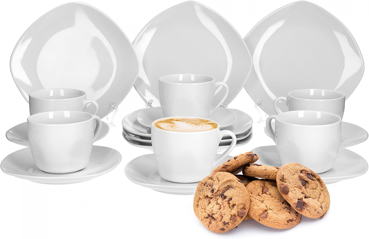18 Pieces Tableware/ Dining/ Coffee/Tea Set Lilli for 6 persons, white porcelain, square shape with rounded corners