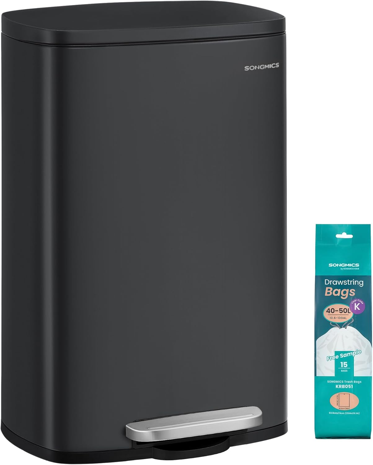 SONGMICS Kitchen Waste Bin, 50 Litres, Pedal Bin, with Lid, Softclose, Foot Pedal, Steel, Inner Bucket, Black, LTB050B02