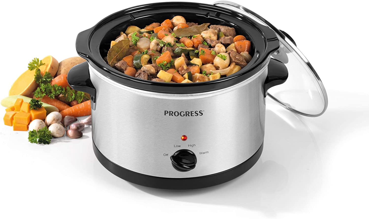 Progress® EK2625PJWFOBGER-VDE Non-Stick Slow Cooker with 3 Hobs, 5.5 Litres, Ideal for Stews, Hot Drinks, Meat & More