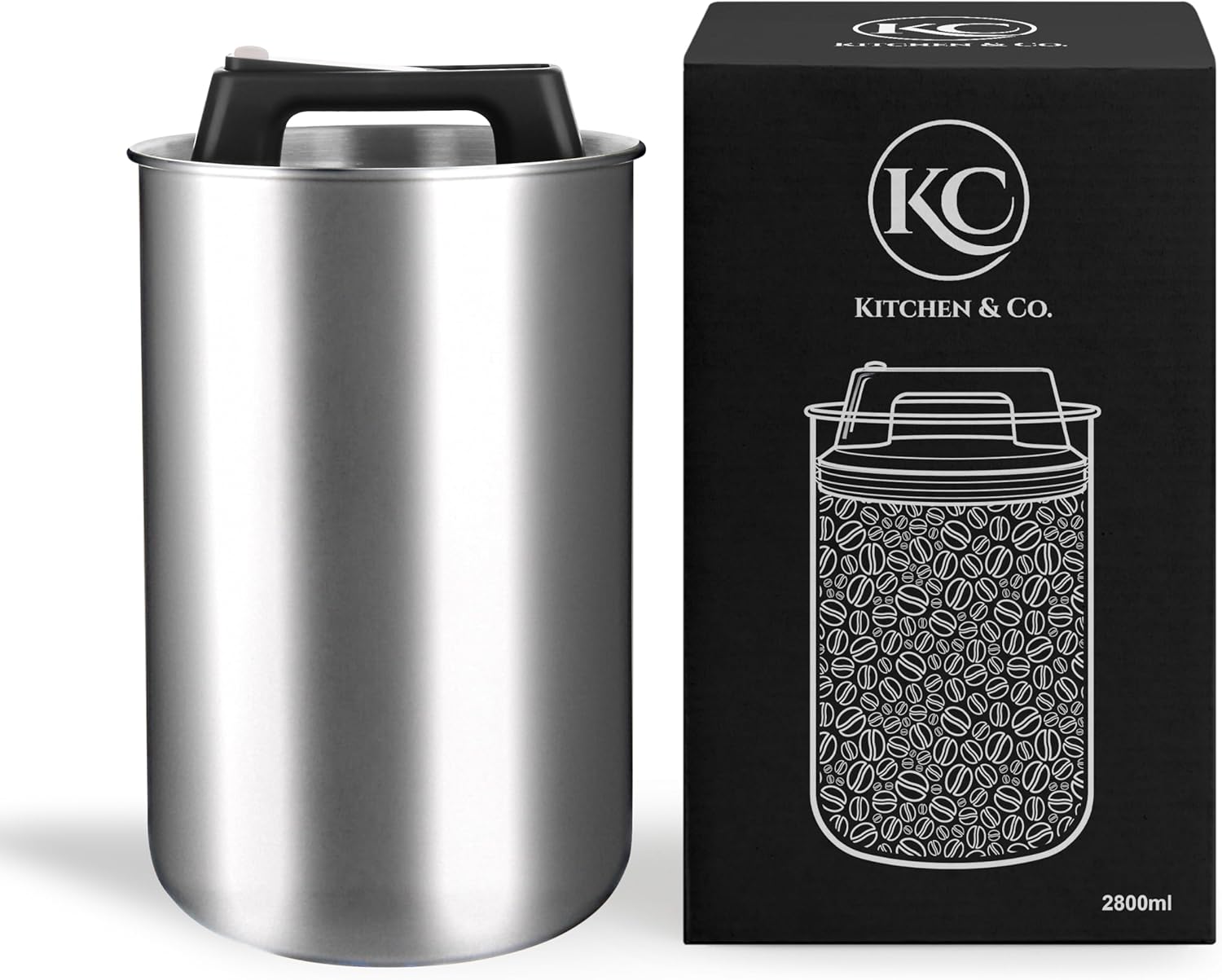 KC Kitchen & Co. Airtight Coffee Canister for 1 kg Coffee Beans with Vacuum Lid (Container for Coffee, Tea, Stainless Steel Tin for Storage with Aroma Closure, Storage Jar for 1000 g Coffee) Silver (2800 ml)