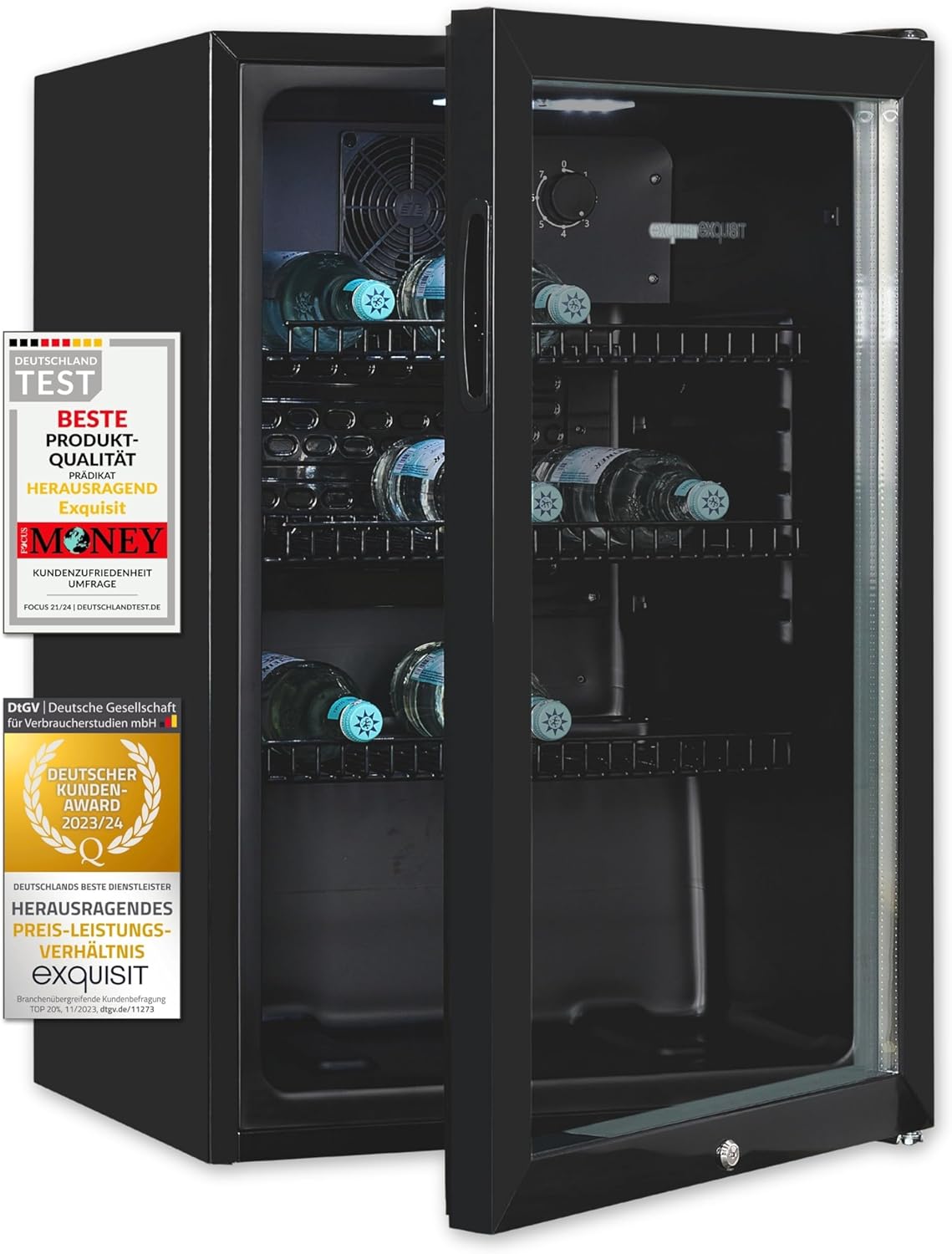 Exquisit Glass Door Fridge GKS120-GT-160C Black | Net Capacity: 118L | Door Lock | 3 Grid Shelves | Recirculation Fan | Standing device