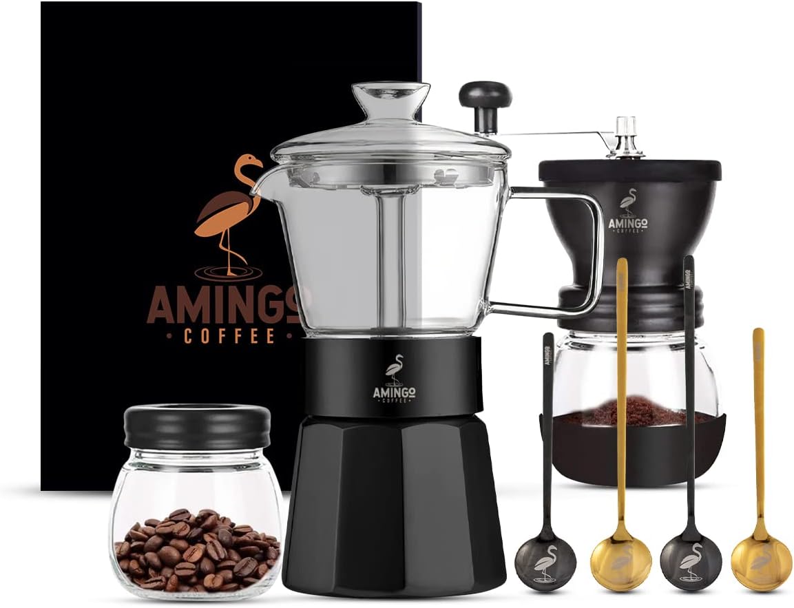 Amingo Coffee Amingo Stainless Steel Espresso Maker for 240 ML Espresso and Manual Coffee Grinder With Ceramic Grinder + 4 Coffee Spoons in Gold and Black + Storage Jar