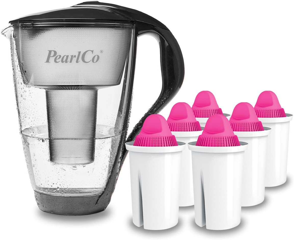 PearlCo Glass Water Filter (Anthracite) with 6 Magnesium Classic Filter Cartridges - Made in EU