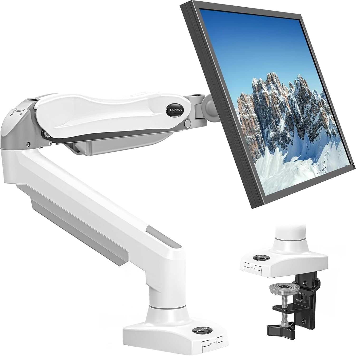 HUANUO Store HUANUO Monitor Mount for 13 to 32 Inch Screens, Single Monitor Arm Stand Holds 2~9 kg, Height Adjustable with Tilts, Swivels, Rotates, VESA 75 & 100 mm, White