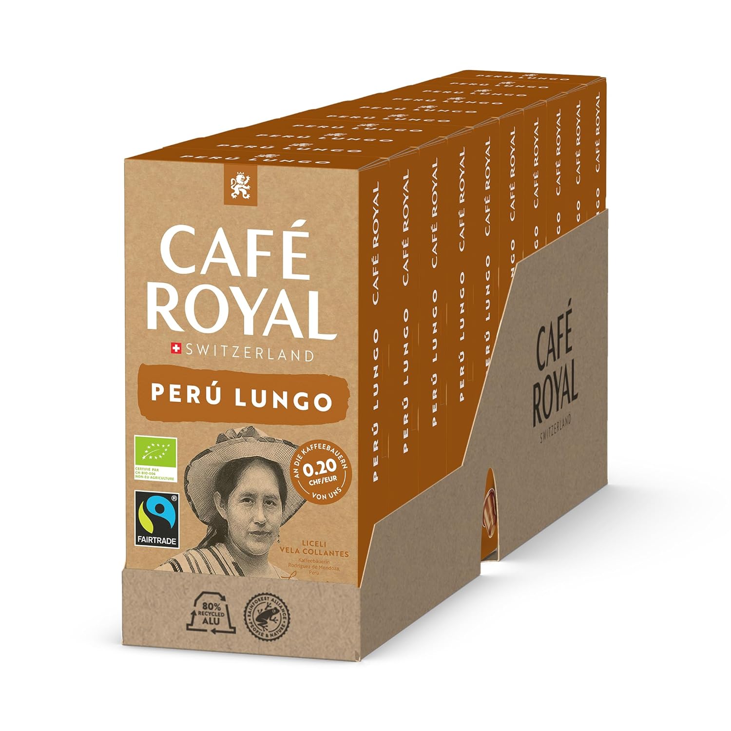 Café Royal, Peru Lungo, 100 Nespresso (R) Compatible Capsules, 80% Recycled Aluminum, Organic and Fairtrade Certified, 100% Arabica Coffee, Intensity 5