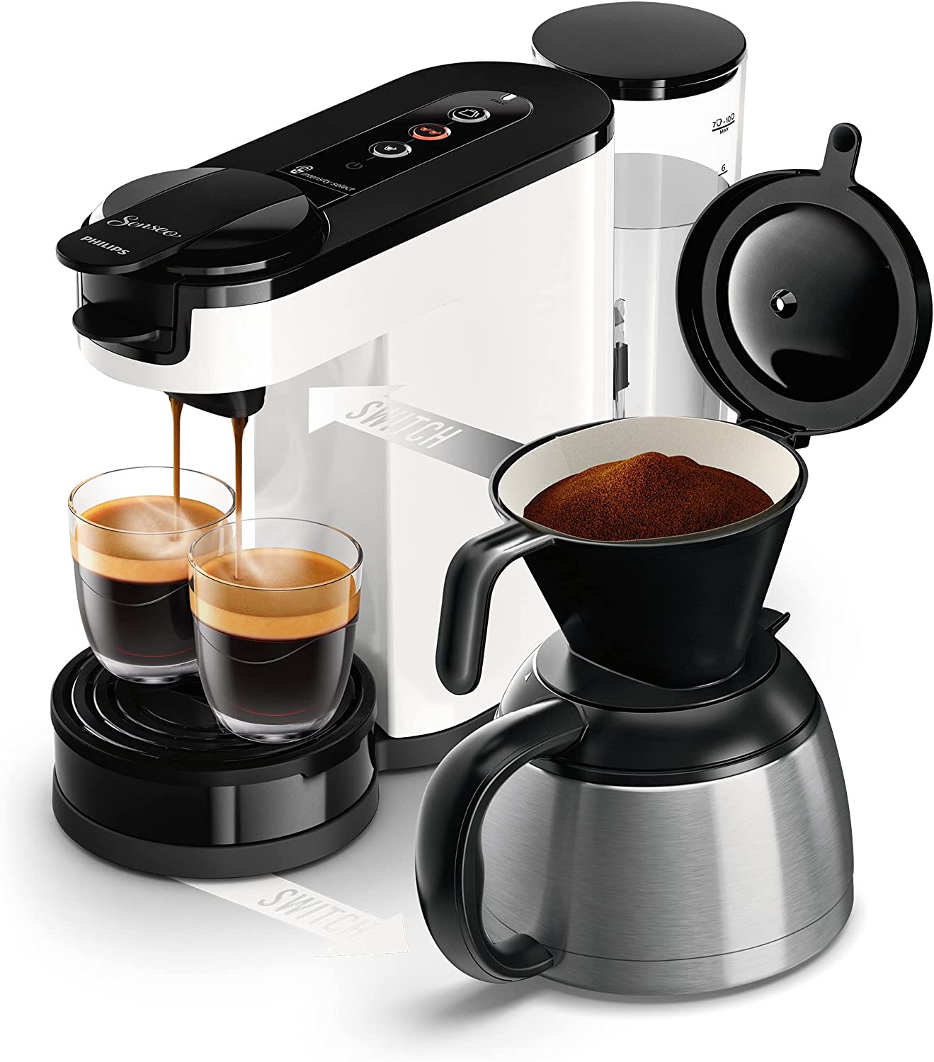 Philips Domestic Appliances SENSEO® Philips Switch Pad and Filter Coffee Machine, 2-in-1 Brewing Technology, 1 Litre Water Container, 7 Cups in One Go, White (HD6592/04)
