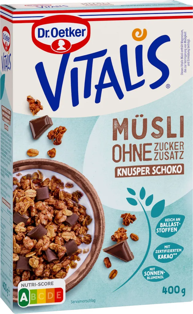 Mega-Paradies Oetker Vitalis no added sugar crunchy muesli chocolate pack 400g