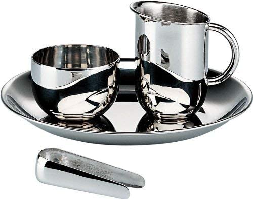 Officina Alessi Bauhaus Creamer Sugar/ Tongs and Tray Set, Silver