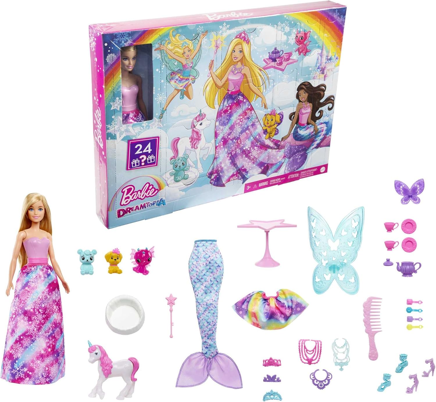 Barbie HGM66 Dreamtopia Fairytale Advent Calendar with Barbie Doll and 24 Surprises, including Fairytale Outfits, Animals and Accessories, Christmas Gift for Children from 3 Years
