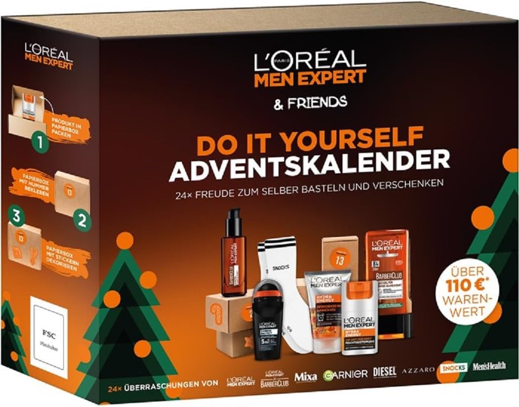 Jung Lorèal Men Expert Advent Calendar 2023 Men\'s Beauty Value 250 €, 24 Care Beauty Cosmetics Advent Calendar for Men, Christmas Calendar Men