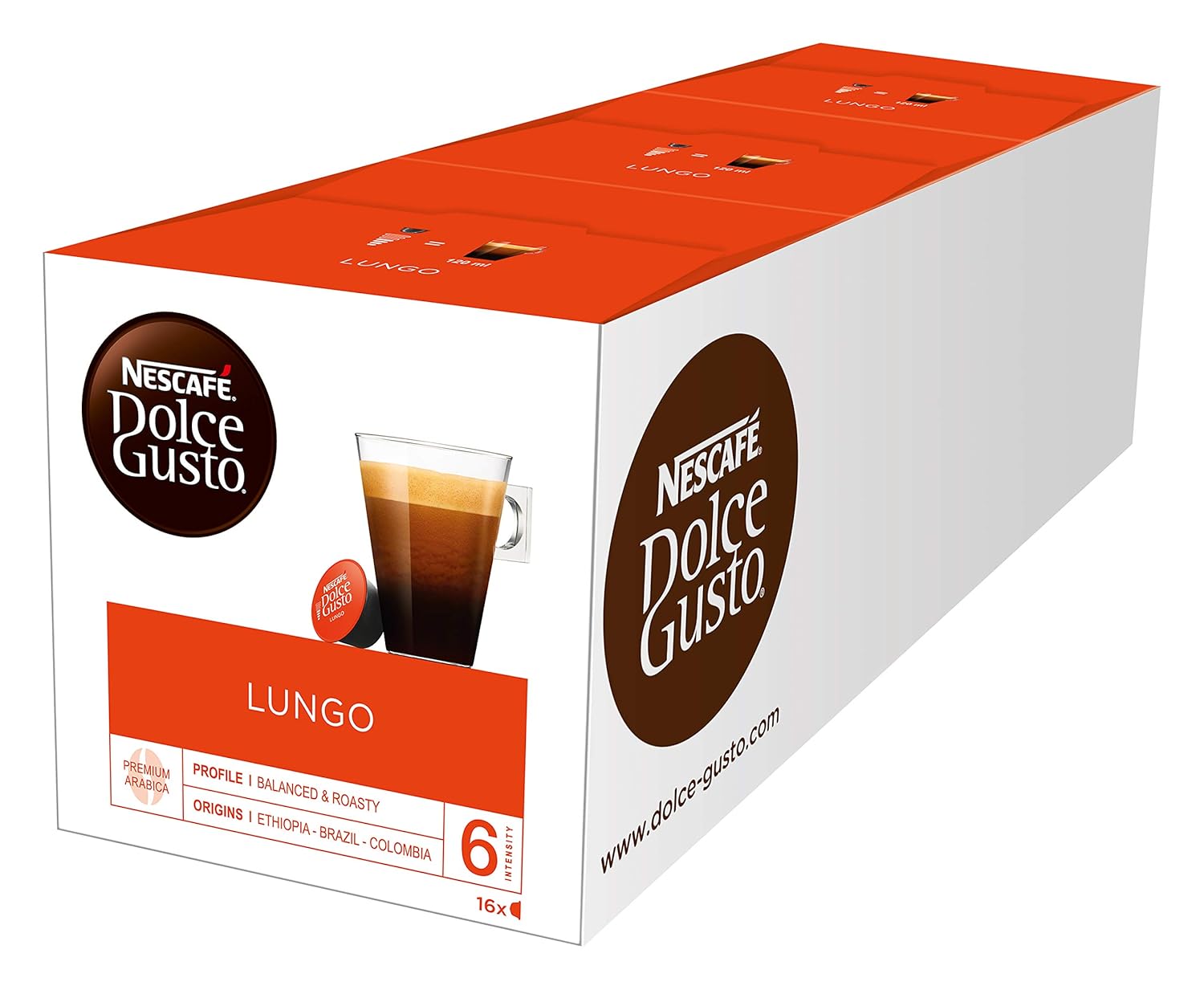 NESCAFÉ Dolce Gusto Lungo Coffee Capsules (100% Arabica Beans, Fine Crema and Powerful Flavor, Quick Preparation, Flavored Capsules) Pack of 3 (3 x 16 Capsules)