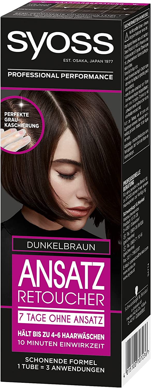 Syoss Ansatz Retoucher Dunkelbraun Stufe 1 (3 x 60 ml), semi-permanente Ansatzfarbe für 7 Tage ohne Ansatz, Haarfarbe für schnelle und einfache Ansatzbehandlung, ‎dunkelbraun