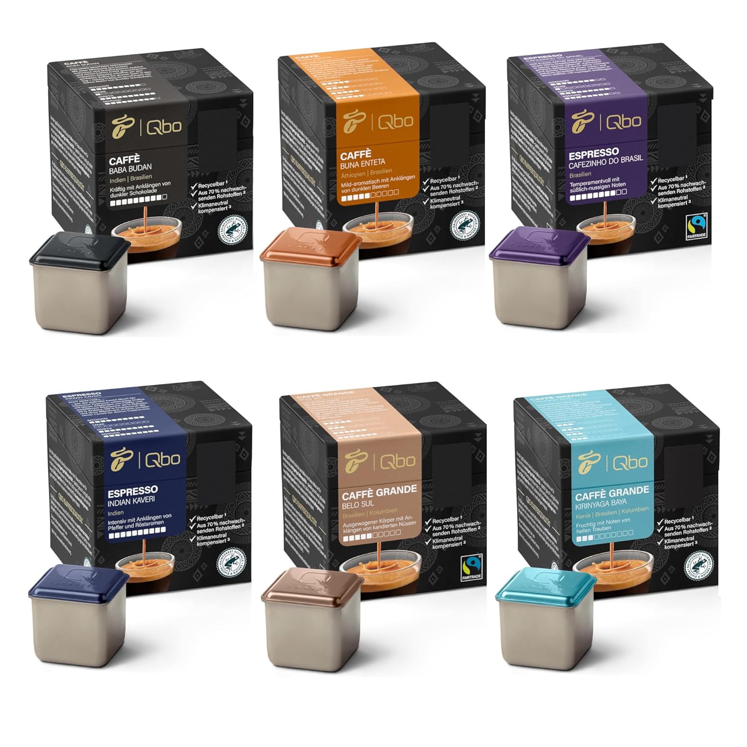 Tchibo Qbo Tasting Set Caffè & Espresso Around the World Premium Coffee Capsules 48 Pieces, 6 Varieties with 8 Capsules in Cube Shape, Flavor Sealed, Climate Neutral Compensated, Coffee Enjoyment at