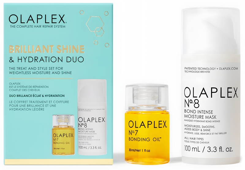 Olaplex Brilliant Shine & Hydration Duo hair care (provides moisture and shine)