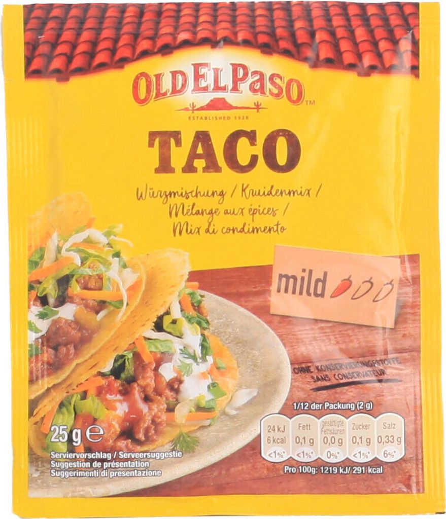 Old El Paso 10615, 25g, 290kcal, 1214kJ, 6.9g, 40g, 18.3g