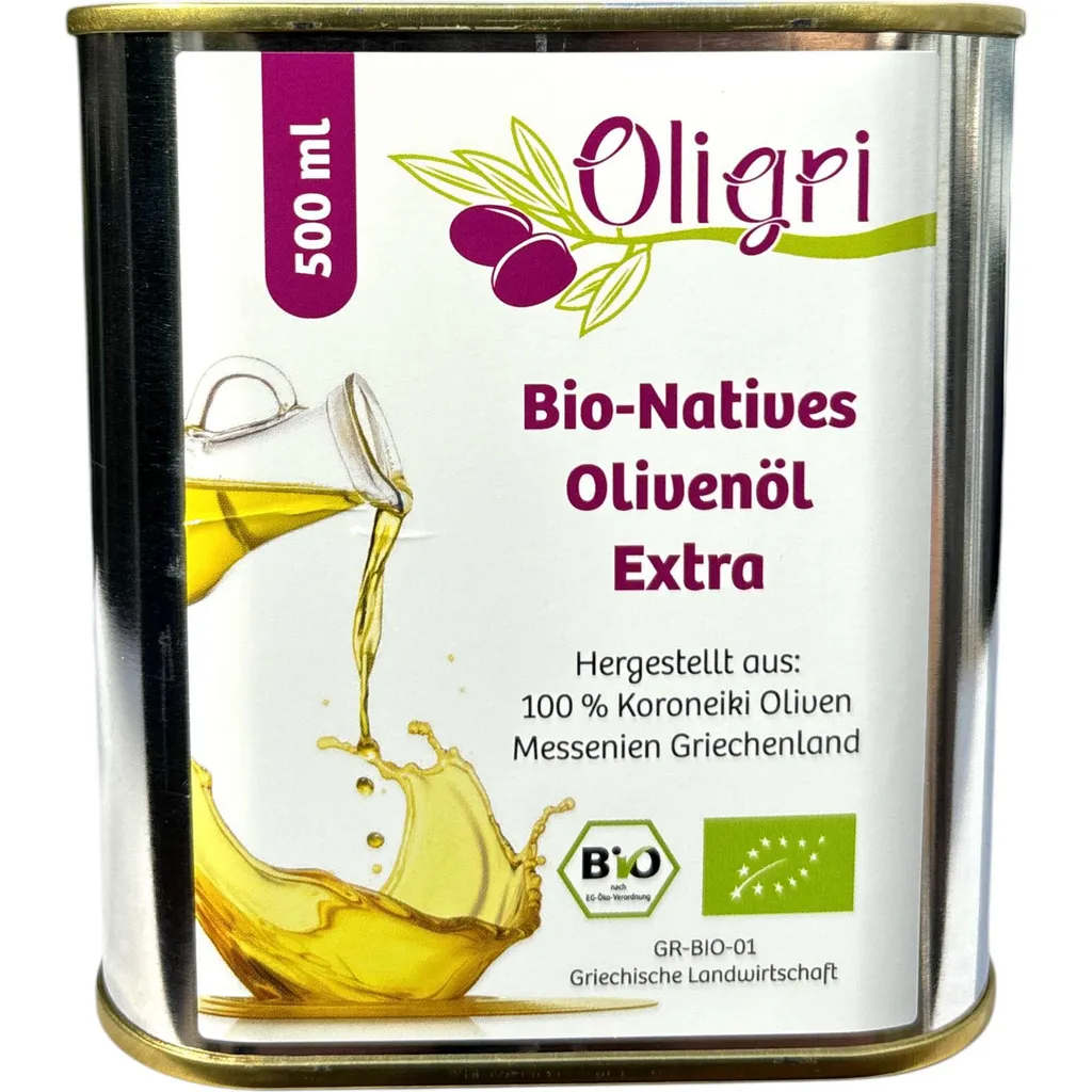 Oligri Greek Organic Extra Virgin Olive Oil 500 ml, from Koroneiki olives, cold-extracted, Peloponnese, Greece
