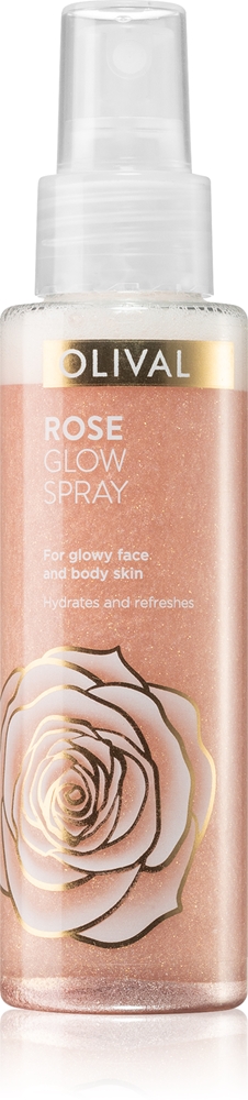 Olival Rose Glow Highlighter Spray for face and body with glitter particles