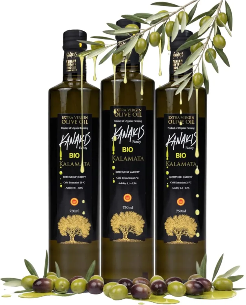 Kanakis Olive Oil - 3 x 0.75 L - Cold-pressed - From Greece - Extra Virgin - From Black Olives - In Glass Jars - Olive Oil Set 2250 ml