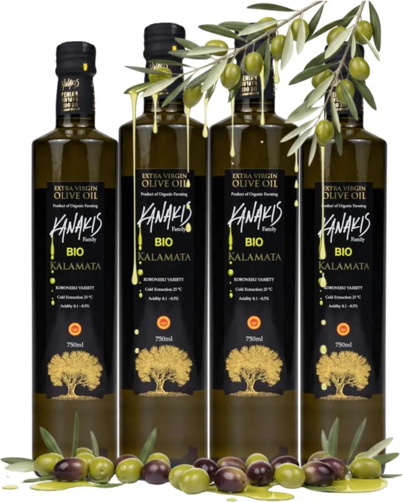 Kanakis Olive Oil - 4 x 0.75 L - Cold-pressed - From Greece - Extra Virgin - From Black Olives - In Glass Jars - Olive Oil Set 3000 ml