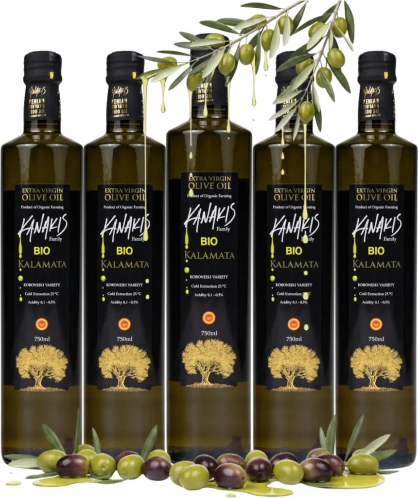 Kanakis Olive Oil - 5 x 0.75 L - Cold-pressed - From Greece - Extra Virgin - From Black Olives - In Glass Jars - Olive Oil Set 3750 ml