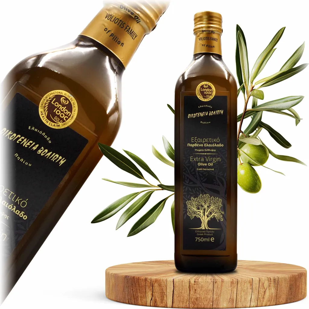 Voliotis Olive Oil 750 ML - Unfiltered - Fruity Taste - Cold-Pressed - EV BLACK - Extra Virgin Olive Oil - Pelion Amfissa Olives - Glass Bottle
