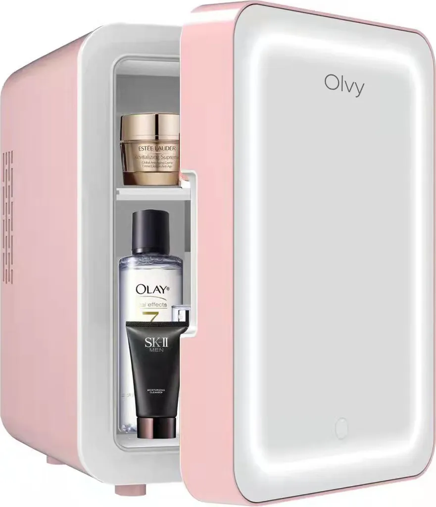 Olvy Cosmetic Refrigerator 4 Liters, Portable Mini Refrigerator with LED Mirror, Small Skincare Fridge, Cool and Hot for Rooms, Pink